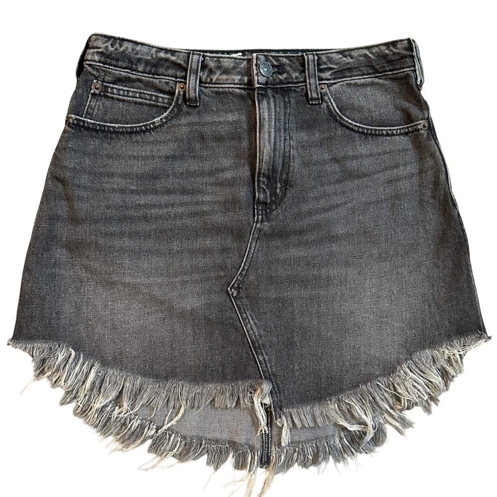 We The Free People Baily Maverick Skirt Women 28 Black Denim Mini Raw Fringe Hem